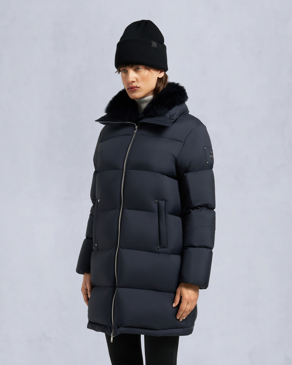 Moose Knuckles BELLE DUNE LONG SHEARLING TRIM PUFFER NAVY