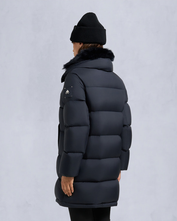 Moose Knuckles BELLE DUNE LONG SHEARLING TRIM PUFFER NAVY