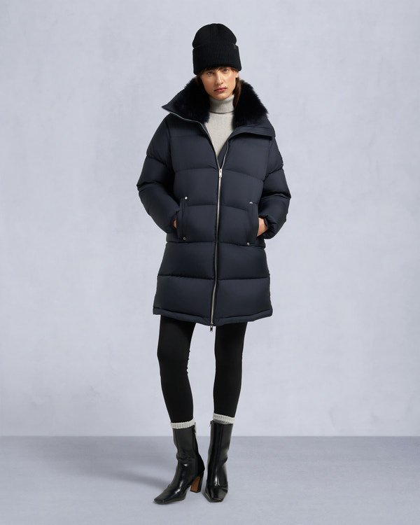 moose knuckles BELLE DUNE LONG SHEARLING TRIM PUFFER NAVY
