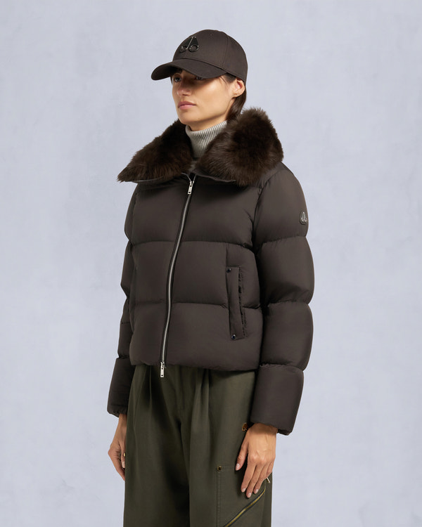 Moose Knuckles BELLE DUNE SHORT SHEARLING TRIM PUFFER ESPRESSO