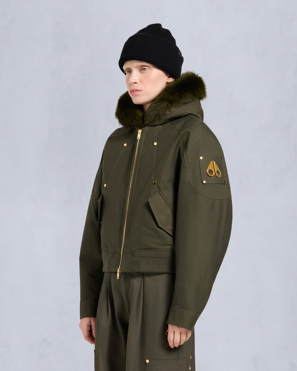 Moose Knuckles GOLD SERIES LOGAN SHEARLING TRIM BOMBER JACKET DARK OLIVE/MOSS