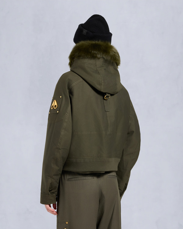 Moose Knuckles GOLD SERIES LOGAN SHEARLING TRIM BOMBER JACKET DARK OLIVE/MOSS