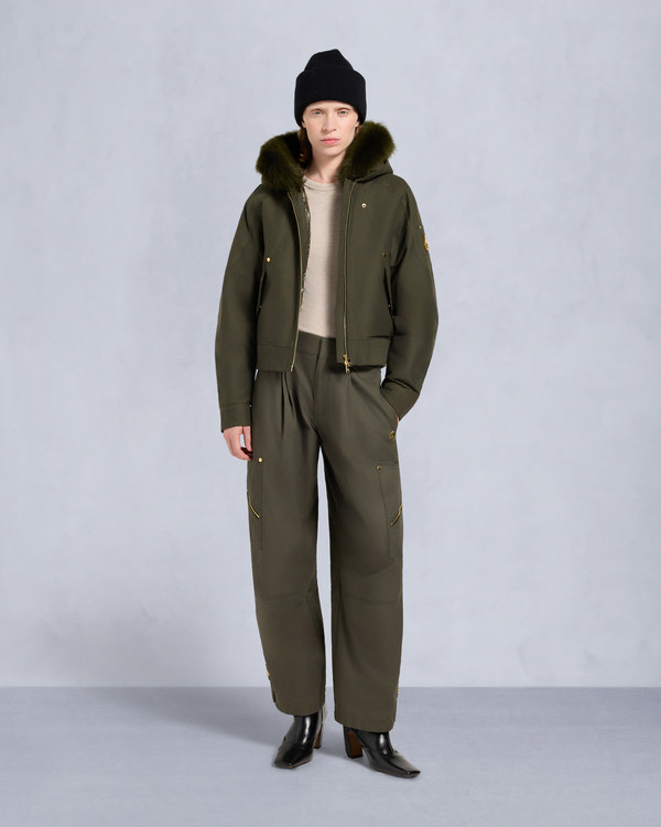 moose knuckles GOLD SERIES LOGAN SHEARLING TRIM BOMBER JACKET DARK OLIVE/MOSS