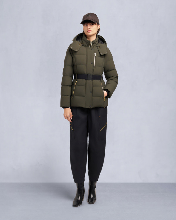 moose knuckles GOLD SERIES NYLUXE CAMBRIA SHEARLING TRIM JACKET DARK OLIVE/BLACK