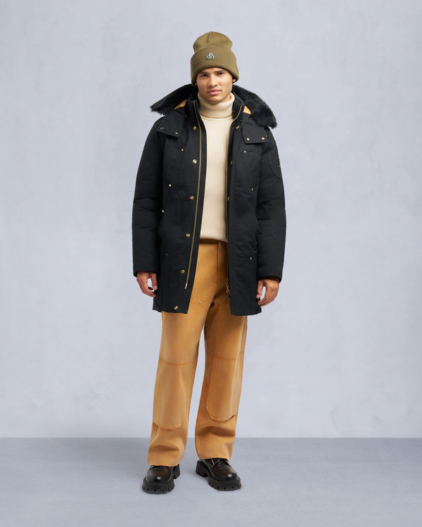 moose knuckles GOLD SERIES SHEARLING TRIM STIRLING PARKA BLACK/BLACK