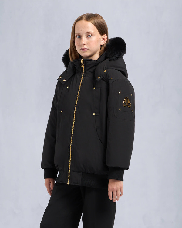Moose Knuckles KIDS UNISEX ORIGINAL GOLD SERIES SHEARLING TRIM BOMBER JACKET BLACK/BLACK