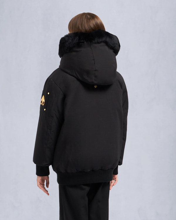 Moose Knuckles KIDS UNISEX ORIGINAL GOLD SERIES SHEARLING TRIM BOMBER JACKET BLACK/BLACK