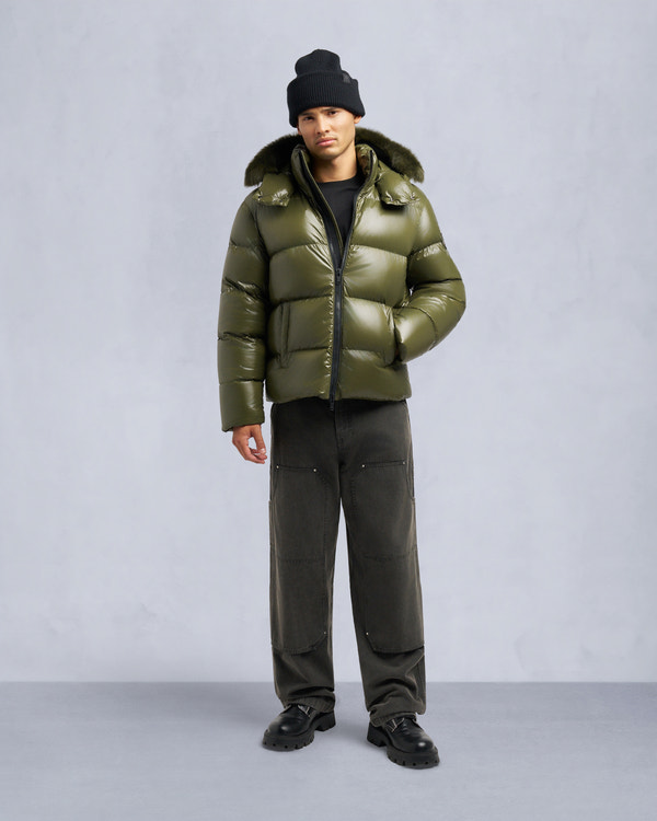 moose knuckles KINGS PUFFER SHEARLING TRIM JACKET MOSS