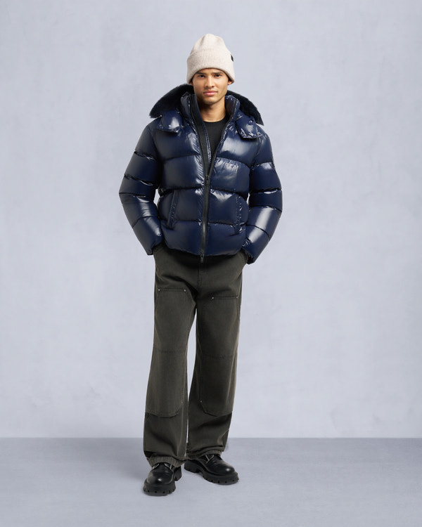 moose knuckles KINGS PUFFER SHEARLING TRIM JACKET NAVY