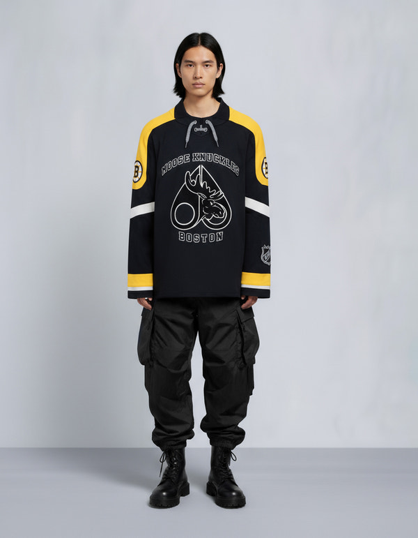 moose knuckles NHL X MOOSE KNUCKLES BRUINS POLO BLACK/YELLOW/BONE