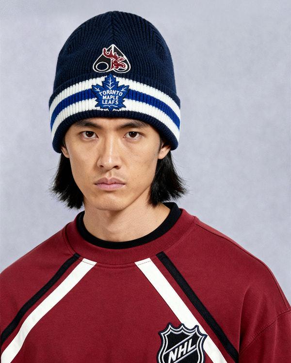 moose knuckles NHL X MOOSE KNUCKLES MAPLE LEAFS BEANIE NAVY/MAPLE LEAF BLUE/BONE