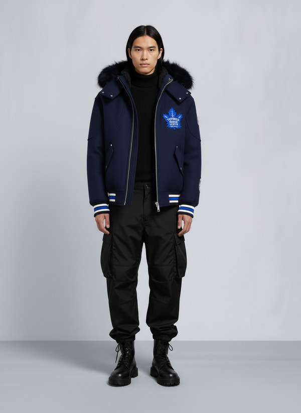 moose knuckles NHL X MOOSE KNUCKLES MAPLE LEAFS BOMBER JACKET NAVY