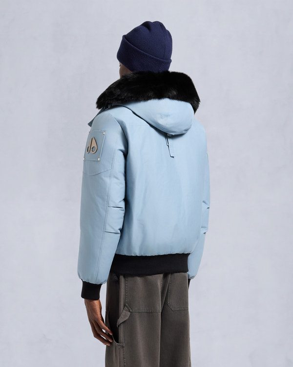 Moose Knuckles ORIGINAL BALLISTIC SHEARLING TRIM BOMBER JACKET BLUESTONE/BLACK