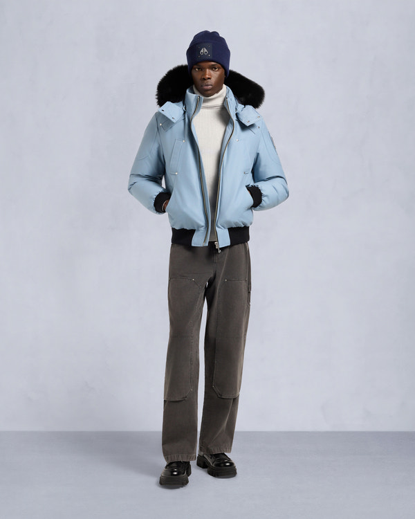 moose knuckles ORIGINAL BALLISTIC SHEARLING TRIM BOMBER JACKET BLUESTONE/BLACK