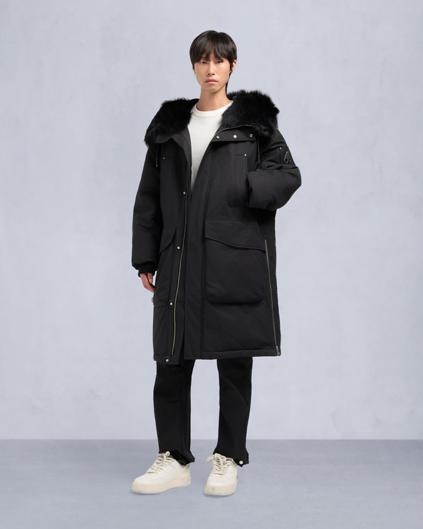 moose knuckles ORIGINAL DAWSON SHEARLING TRIM PARKA BLACK/BLACK
