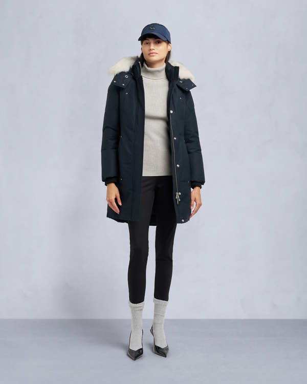 moose knuckles ORIGINAL STIRLING SHEARLING TRIM PARKA NAVY/NATURAL