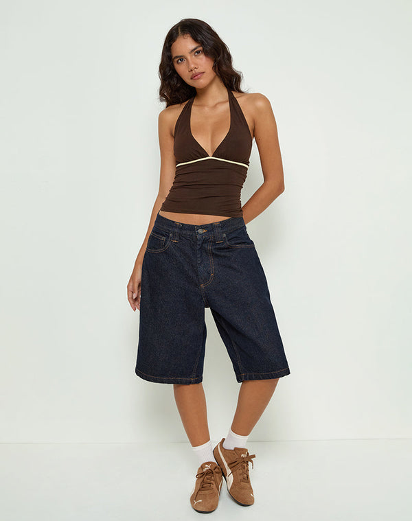 motel rocks Abeth Halterneck Top in Chocolate Brown with Lemon Piping