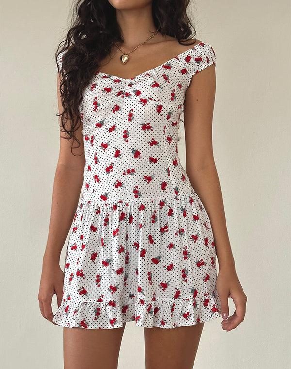 Motel Rocks Aca Bardot Mini Dress In White Rose Polka