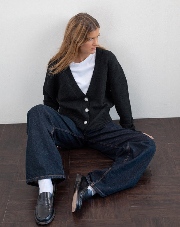 Motel Rocks Acera Knitted Cardigan In Black With Silver Flower Buttons