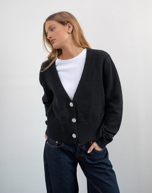 motel rocks Acera Knitted Cardigan in Black with Silver Flower Buttons