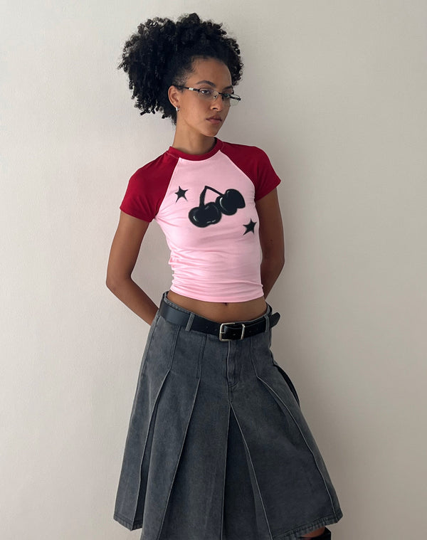 Motel Rocks Agneta Baby Tee In Ballet Pink With Red Cherry Print