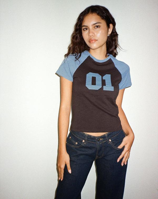 Motel Rocks Agneta Tee In Chocolate Brown And Ash Blue Combination
