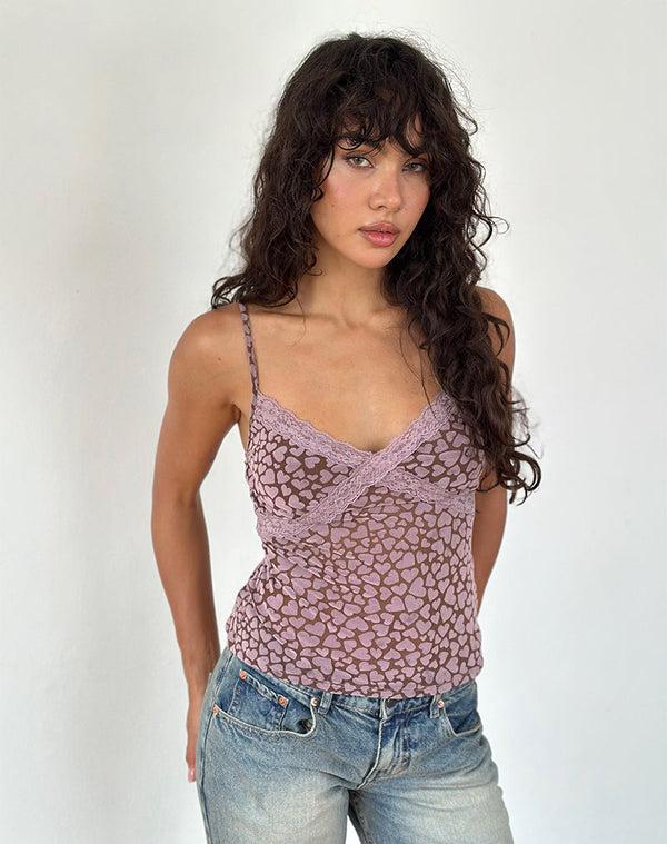 Motel Rocks Alcesta Top In Brown Flock Mesh With Pink Heart Print