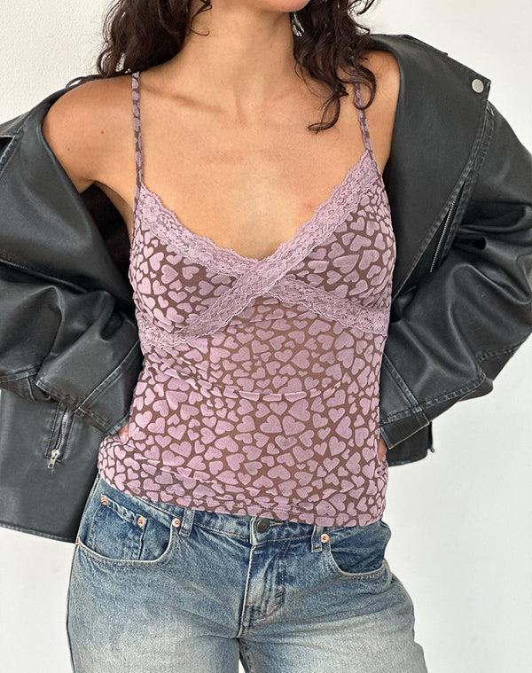 motel rocks Alcesta Top in Brown Flock Mesh with Pink Heart Print