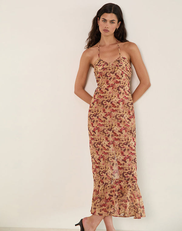Motel Rocks Alette Halterneck Maxi Dress In Chiffon Rusty Flower