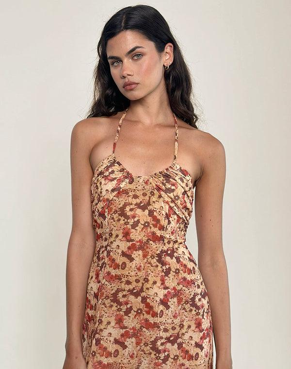Motel Rocks Alette Halterneck Maxi Dress In Chiffon Rusty Flower