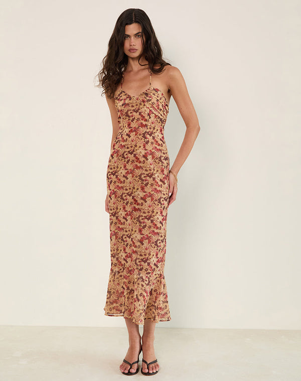 motel rocks Alette Halterneck Maxi Dress in Chiffon Rusty Flower