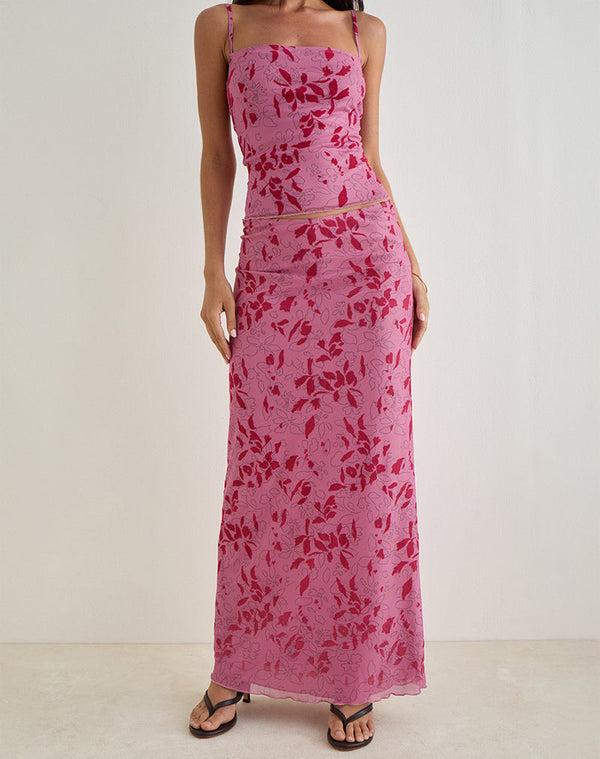 Motel Rocks Alfreda Maxi Skirt In Stencil Flower Pink