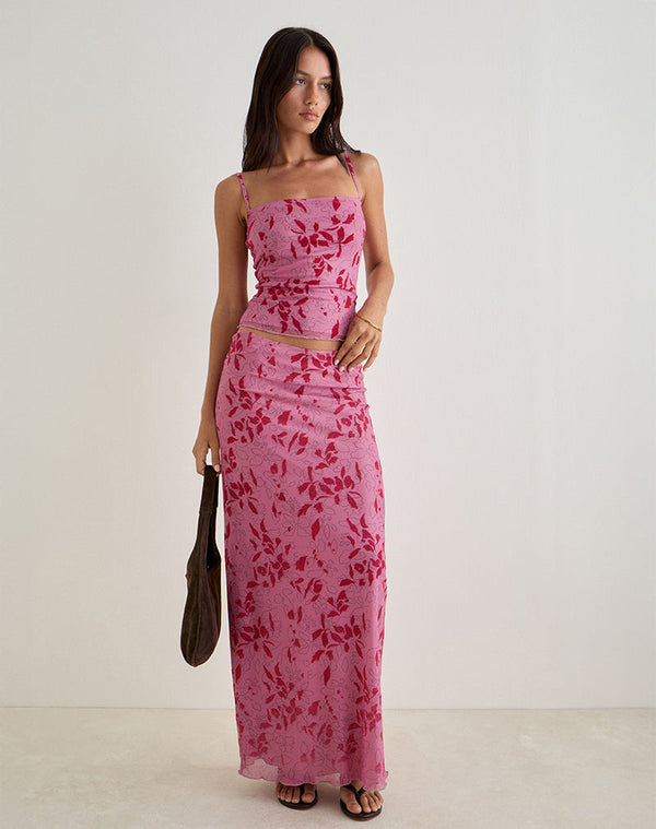 motel rocks Alfreda Maxi Skirt in Stencil Flower Pink
