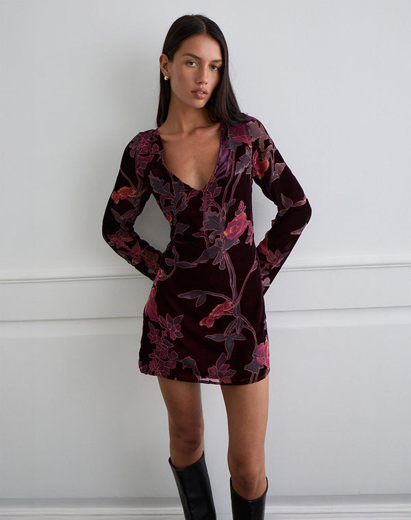 Motel Rocks Alitra Mini Dress In Floral Devore Burgundy