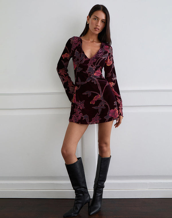 motel rocks Alitra Mini Dress in Floral Devore Burgundy