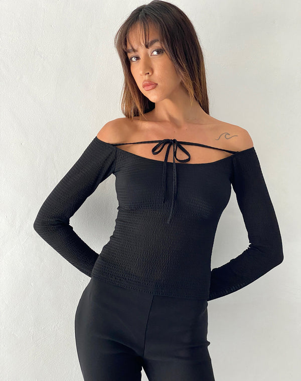 Motel Rocks Alondra Long Sleeve Tie Front Top In Textured Black