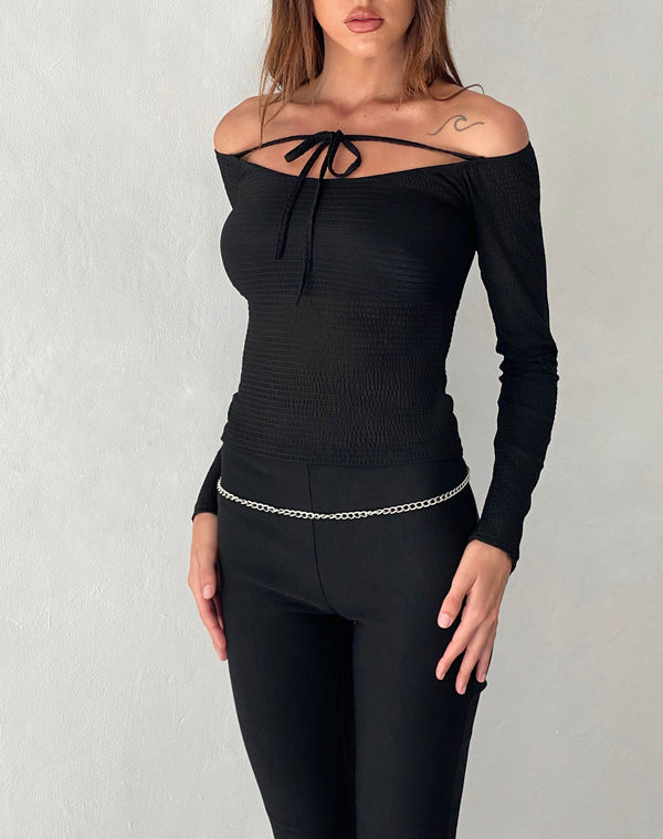 motel rocks Alondra Long Sleeve Tie Front Top in Textured Black