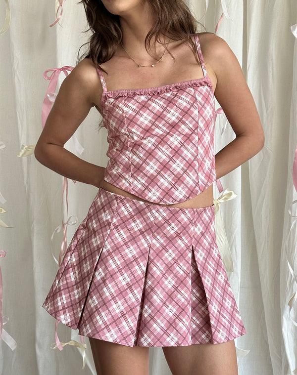 Motel Rocks Alula Pleated Mini Skirt In Pink Tartan