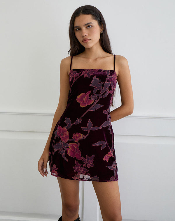 motel rocks Alvana Mini Dress in Floral Devore Burgundy