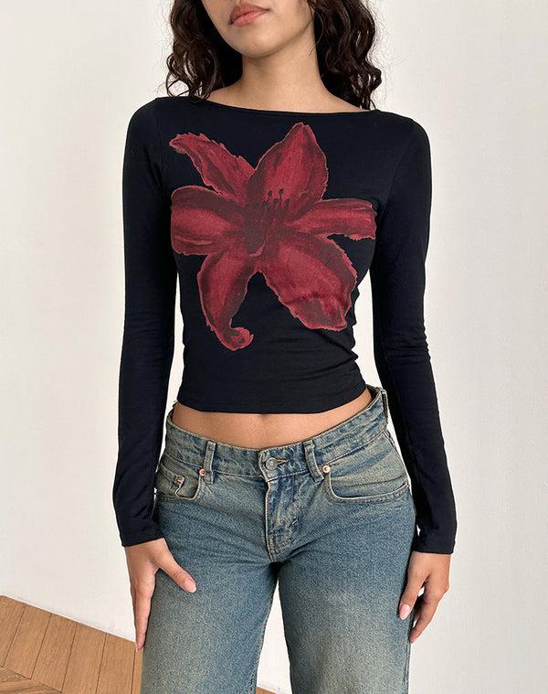 Motel Rocks Amabon Long Sleeve Top In Black With Burgundy Painted Flower