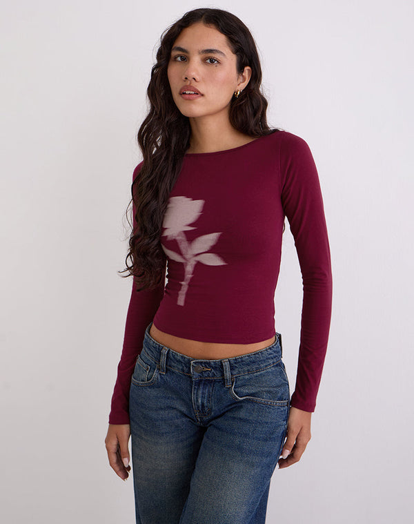 Motel Rocks Amabon Long Sleeve Top In Burgundy Blurred Rose