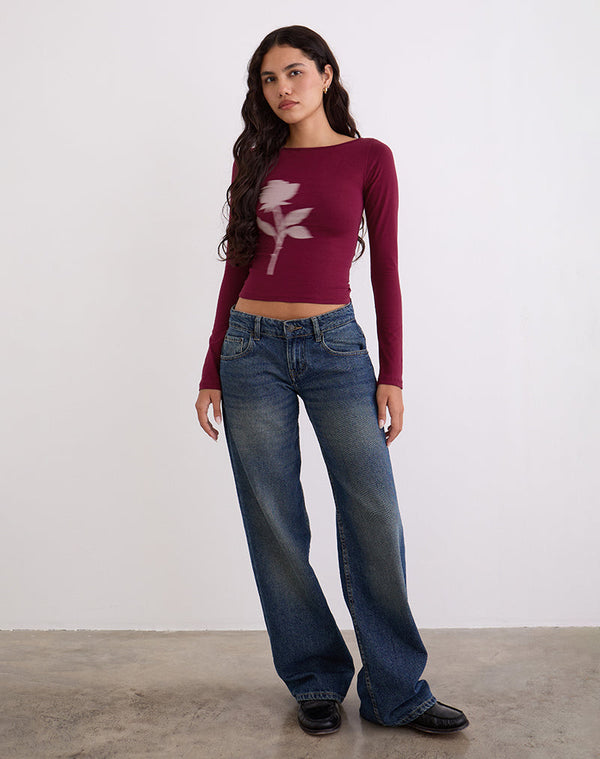 Motel Rocks Amabon Long Sleeve Top In Burgundy Blurred Rose