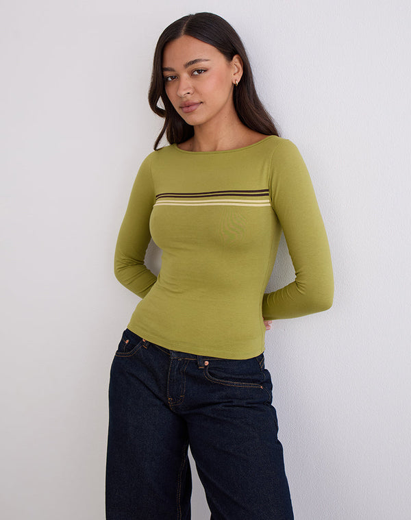 motel rocks Amabon Long Sleeve Top in Cress Green Stripe