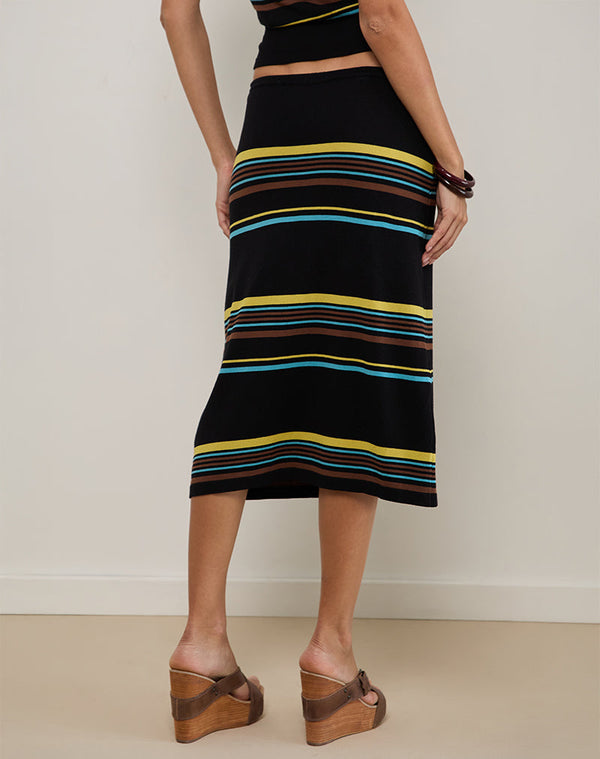 Motel Rocks Amalia Midi Skirt In Black With Brown And Blue Stripes