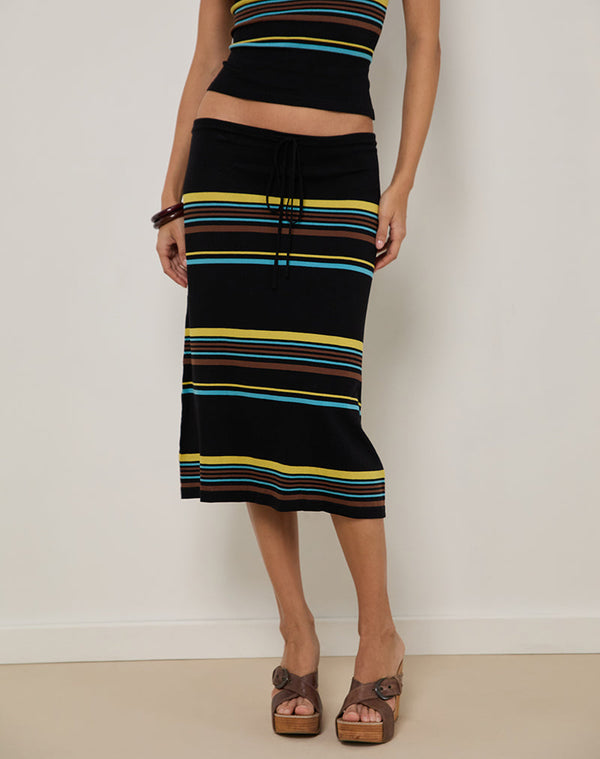 motel rocks Amalia Midi Skirt in Black with Brown and Blue Stripes