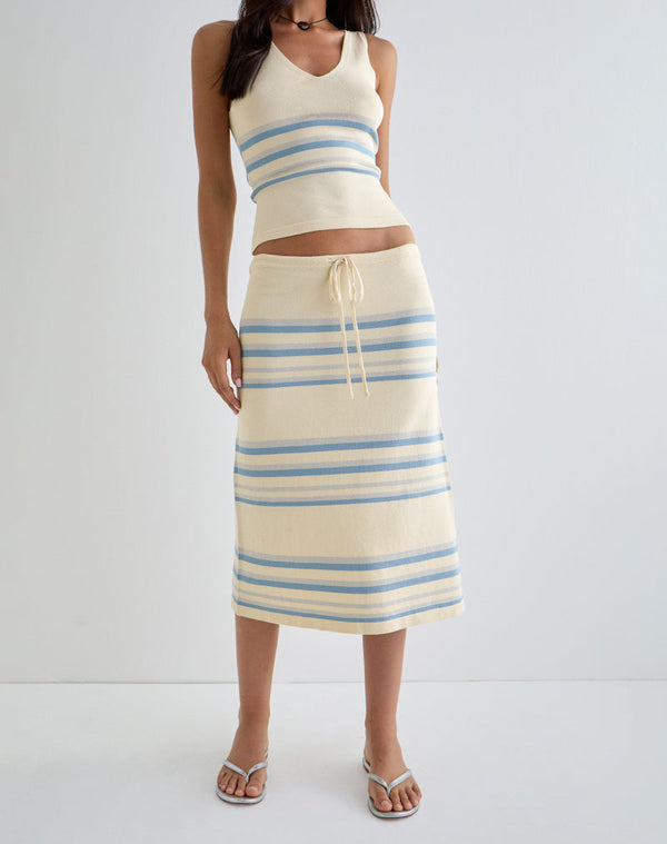 Motel Rocks Amalia Midi Skirt In Cream With Blue And Grey Stripes