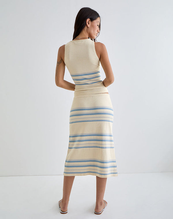 Motel Rocks Amalia Midi Skirt In Cream With Blue And Grey Stripes