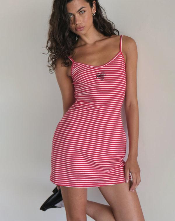motel rocks Anzhelina Strappy Mini Dress in Red and White Stripe with Strawberry Emb