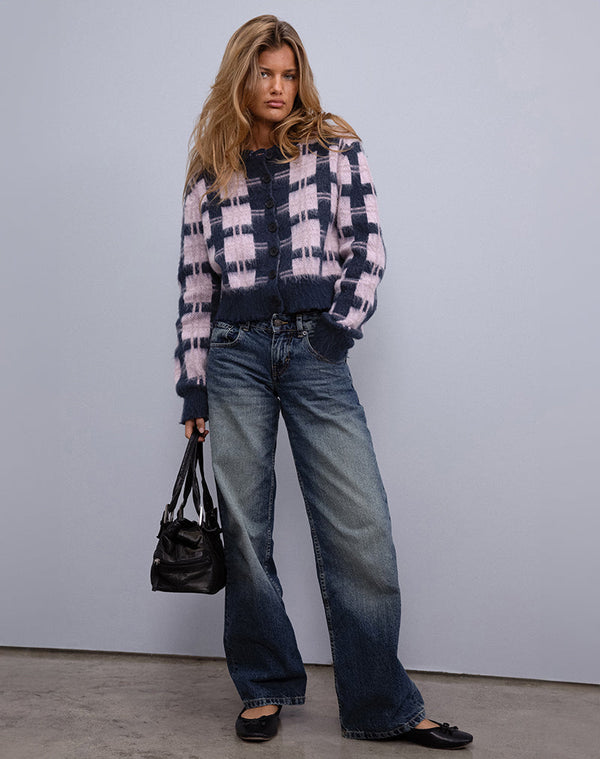 Motel Rocks Anzio Button Up Cardigan In Multi Check Navy And Pink