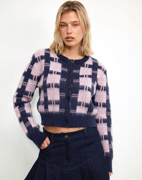 Motel Rocks Anzio Button Up Cardigan In Multi Check Navy And Pink